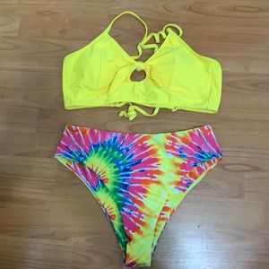 SHEIN yellow & tie dye bikini